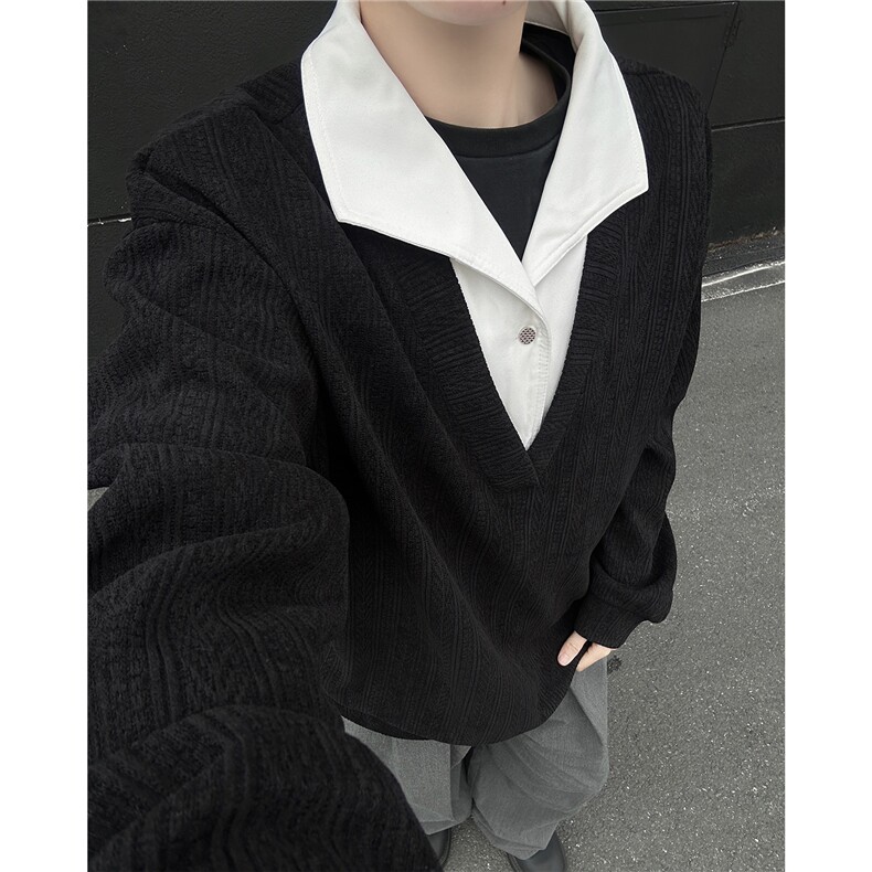 小众设计感假两件翻领卫衣拼接高级感宽松休闲长袖上衣,男装卫衣,电商B319