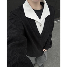小众设计感假两件翻领卫衣拼接高级感宽松休闲长袖上衣，男装卫衣，电商B319