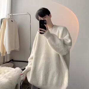 秋冬基础款水貂绒毛衣男日系圆领重磅加厚针织衫慵懒风情侣上衣图片