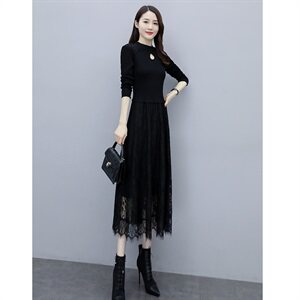 2023秋季新款半高领镂空线衣配蕾丝长款打底连衣裙,女装连衣裙,安之芮娜, 2023秋季新款半高领镂空线衣配蕾丝长款打底连衣裙,女装连衣裙,安之芮娜,