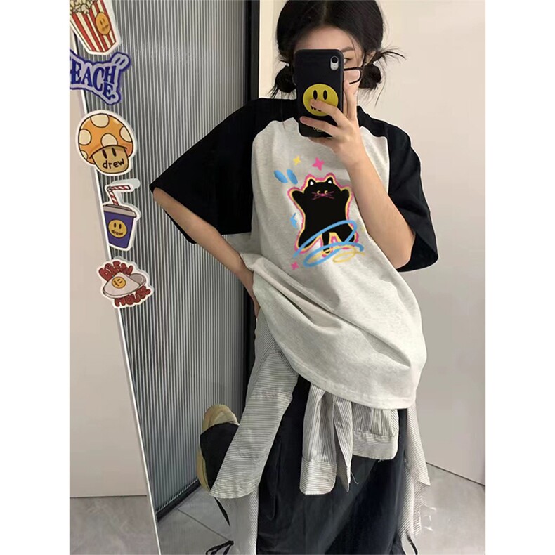 抖音得物供货240克宽松纯棉美式潮牌印花插肩袖拼接短袖T恤AT1519,男装T恤,电商A443