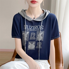 夏季新款天丝苎麻拼色字母帽衫女宽松百搭显瘦时尚休闲上衣，女装针织衫/毛衣，暖娇绒