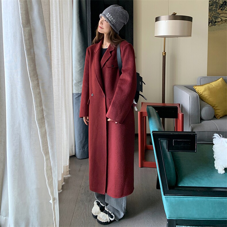 红色双面羊绒呢子大衣女中长款2024秋冬新款高级感大码羊毛呢外套,女装毛呢外套,2C220