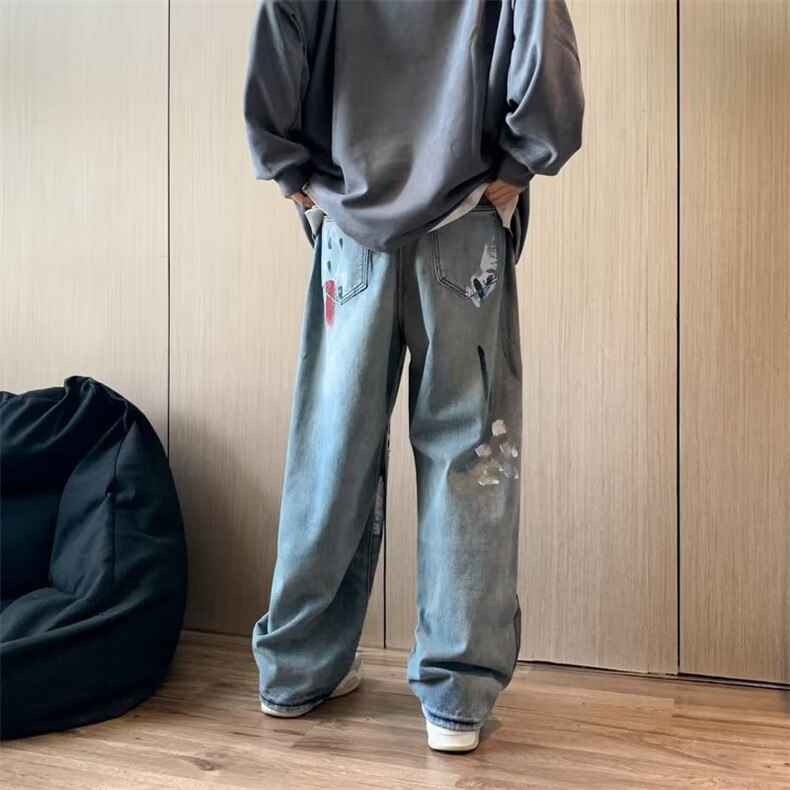 水洗做旧破洞牛仔裤男设计感小众潮牌裤子直筒美式长裤N1077-p45,男装牛仔裤,星座1008
