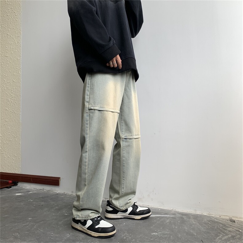 复古美式破洞牛仔裤男拉链阔腿休闲长裤子N0920-P45,男装牛仔裤,星座308B-1
