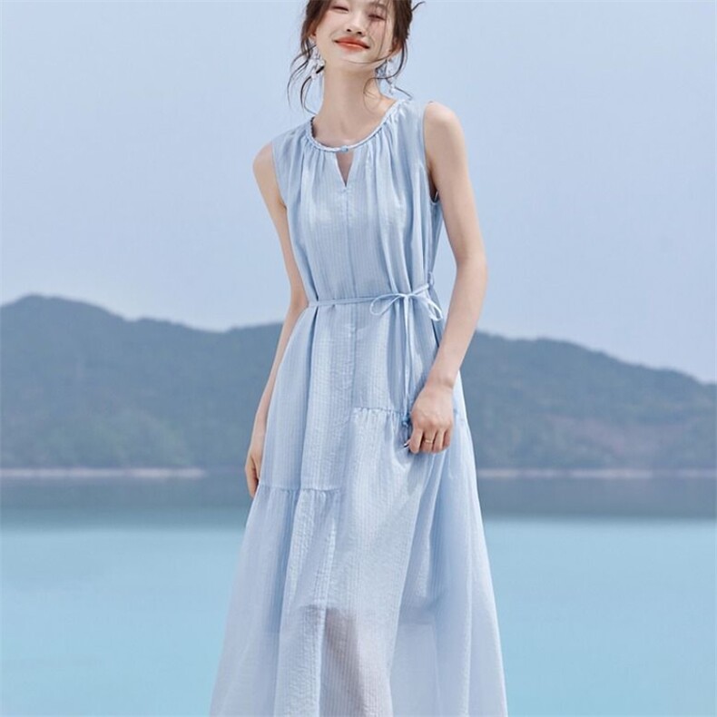 （现货）冰镇色调”收腰慵懒感长裙2025夏季新款法式茶歇连衣裙,女装连衣裙,韩蔻秀