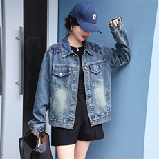 复古牛仔外套女工装风夹克2024秋新港风款宽松显瘦百搭短款上衣潮，女装牛仔外套，潮流依族