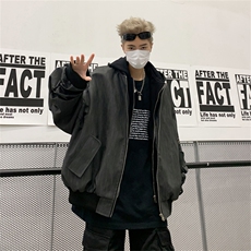 美式复古棒球服男女秋冬季宽松休闲短款连帽pu皮纹理夹克情侣外套，男装夹克，星座505-2（原电商A260-1)