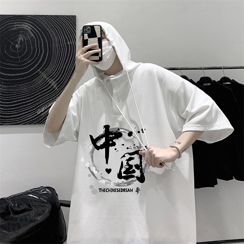 LD54134-P45 连帽短袖t恤男大码胖子带帽五分袖中袖 大皂风图片