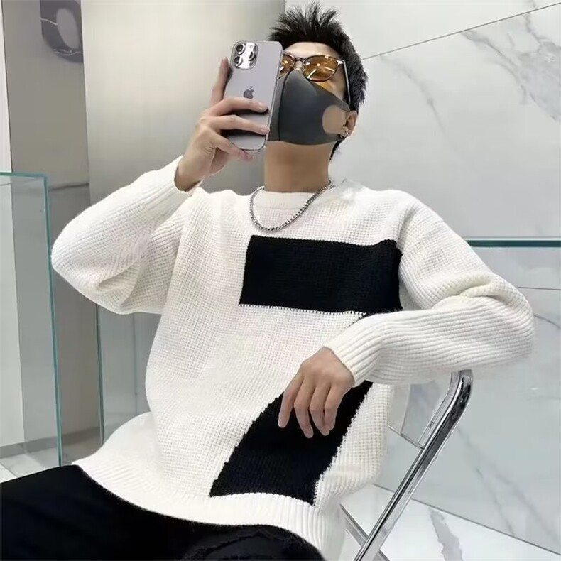 2025秋冬季毛衣男奶牛撞色慵懒风宽松秋装潮ins套头针织衫,男装针织衫/毛衣,星座506A
