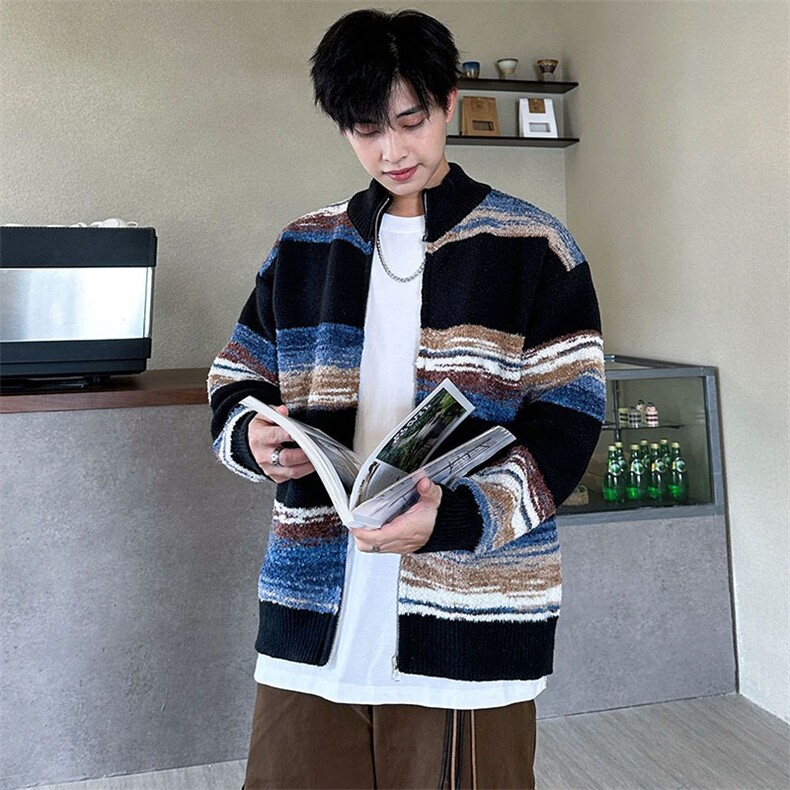 复古慵懒渐变条纹开衫毛衣外套秋冬高级情侣毛衣男潮牌YM133-P62,男装针织衫/毛衣,星座1109-3