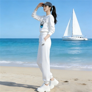 休闲运动时尚套装女秋冬新款宽松减龄圆领印花卫衣束脚卫裤两件套图片