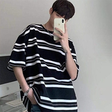 条纹圆领纯棉短袖上衣男款韩版小众设计休闲宽松潮流百搭半袖t恤，男装T恤，星座506A