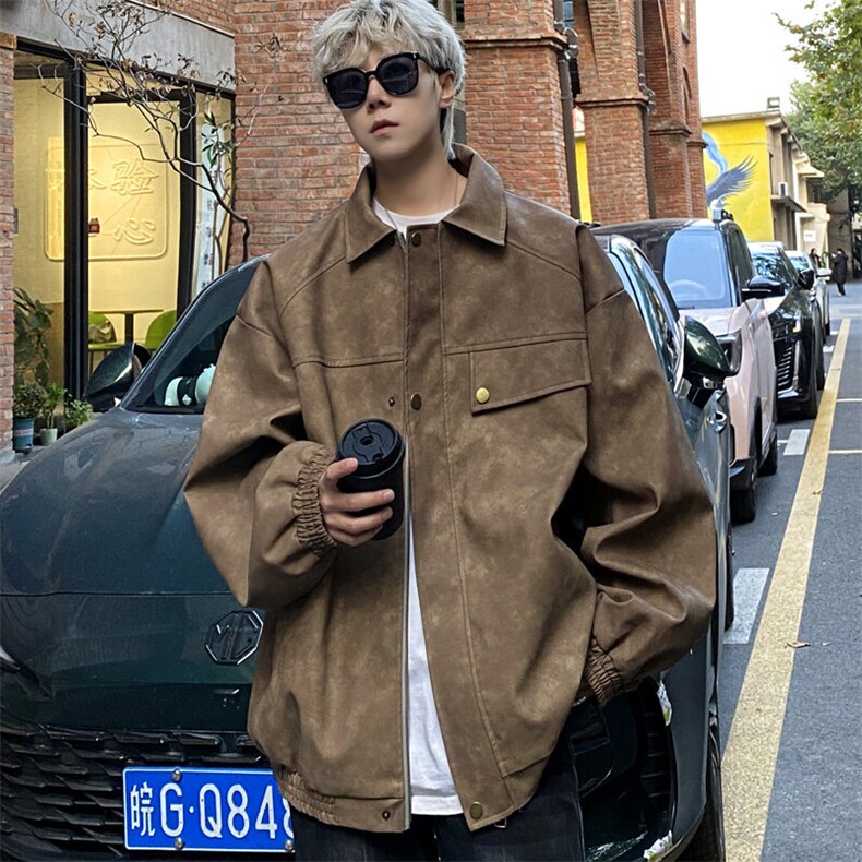 美式复古皮衣外套男春秋季潮牌痞帅宽松PU皮夹克J2516P95控128,男装夹克,电商A157
