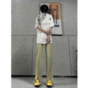 现货24春夏黄泥开叉毛边宽松牛仔裤设计感微喇休闲裤男K5803-P55