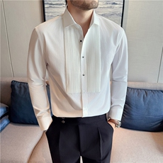 莫代尔棉高品质长袖衬衫风琴褶皱礼服衬衫男黑色C9917-P77，男装衬衫，电商A213