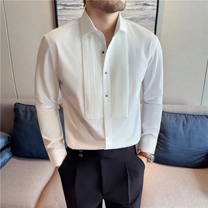 莫代尔棉高品质长袖衬衫风琴褶皱礼服衬衫男黑色C9917-P77,男士白色棉夹克搭配图片