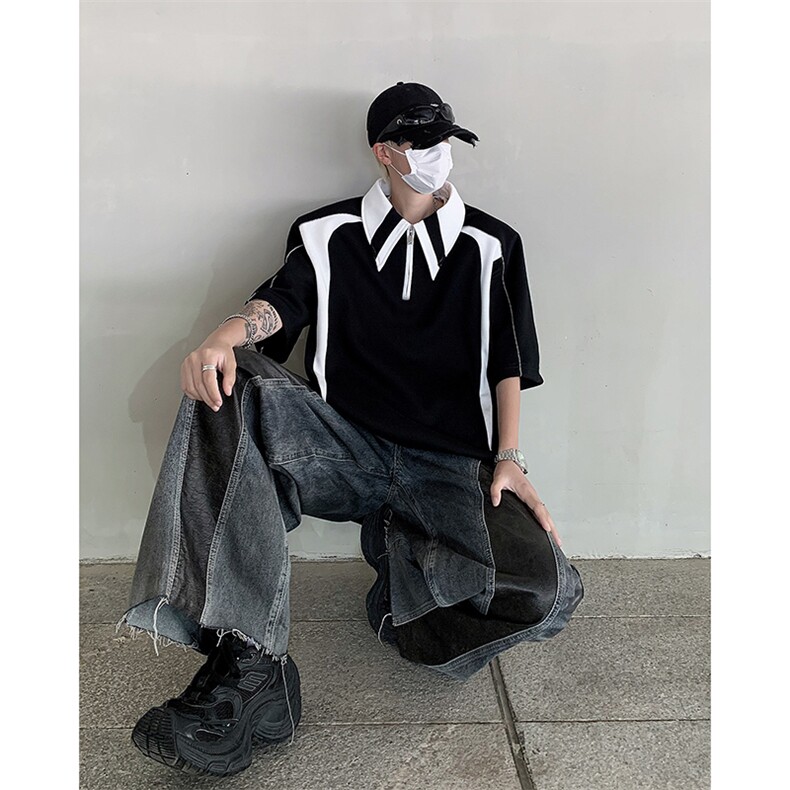 现货！25夏季拼接设计感翻领垫肩POLO衫短袖T恤DX157-P75,男装T恤,电商B288