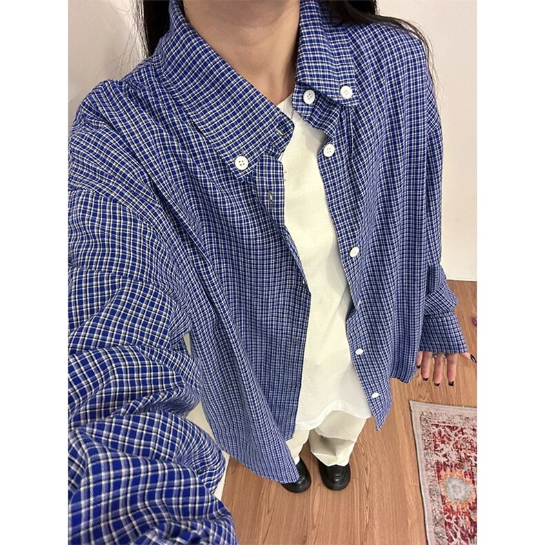 美式复古慵懒宽松蓝格子衬衫女男春秋季新休闲长袖衬衣CS46,男装衬衫,星座1116A（原606A-3）