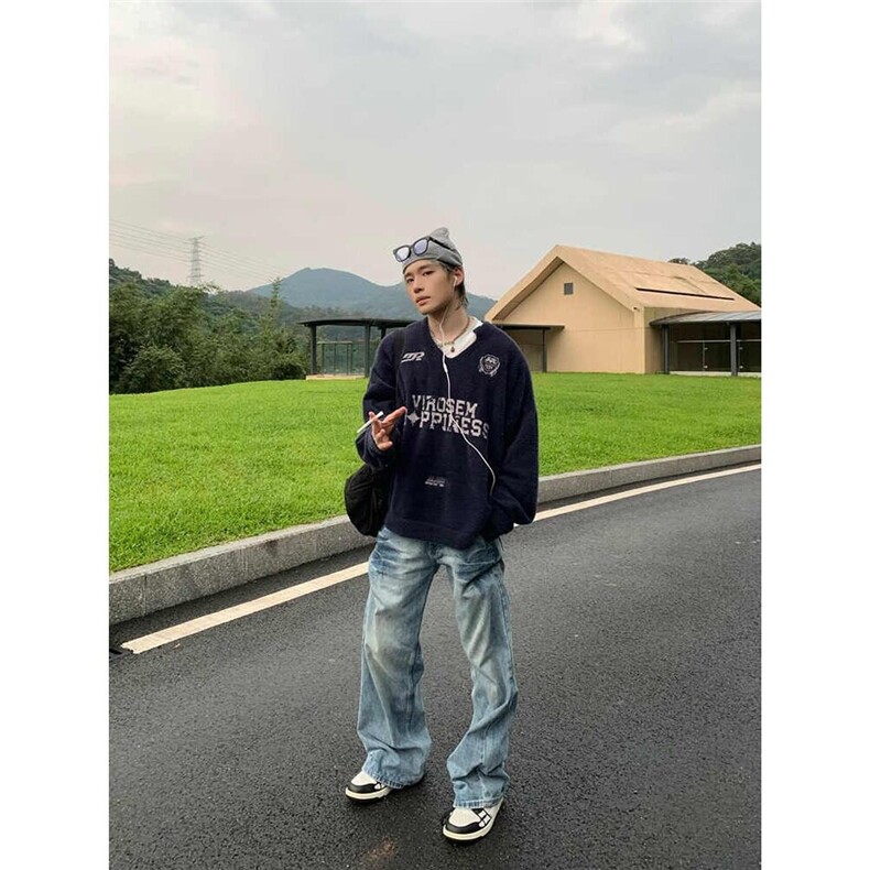 长裤春秋常规美式复古水洗蓝色直筒牛仔裤微弹中腰流行青少年潮图片