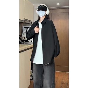 wassup happy绿色长袖衬衫男春秋季2025新款宽松大码纯色休闲外套图片