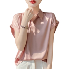 2025新款醋酸缎面短袖衬衫女休闲时尚百搭法式小众感别致上衣半袖，女装衬衫，朝贺羊绒
