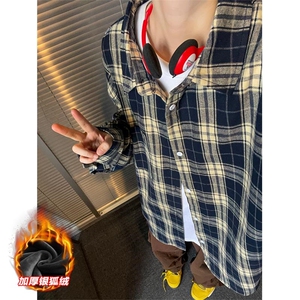 港风格子翻领长袖衬衫男女中性潮流宽松衬衣C5450J加绒-特P38控68,背带衣服穿搭图片
