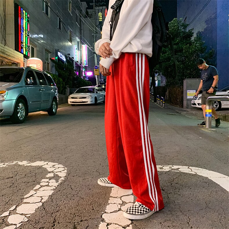 春季热卖复古三杆运动裤撞色条纹阔腿裤坠感直筒裤子男女K32TP35,男装休闲裤,电商A102B