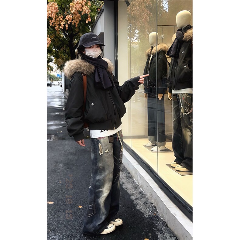 现货重磅boxy短款棉衣座山雕大毛毛领男女棉服水洗工装厚外套,男装棉衣,电商A486-1