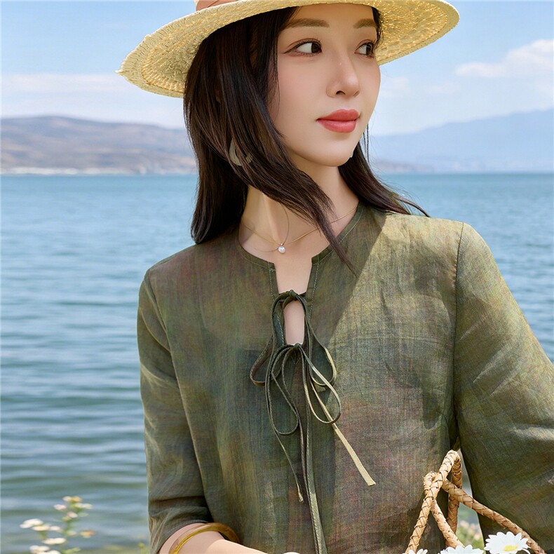 时尚苎麻印花拼接阔腿裤扎染宽松上衣复古风套装女,女装套装/套裙,水衣源