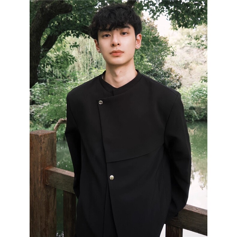 新中式黑色廓形西服夹克男春秋季潮高级感痞帅小众宽松西装外套,男装西服,星座601-1