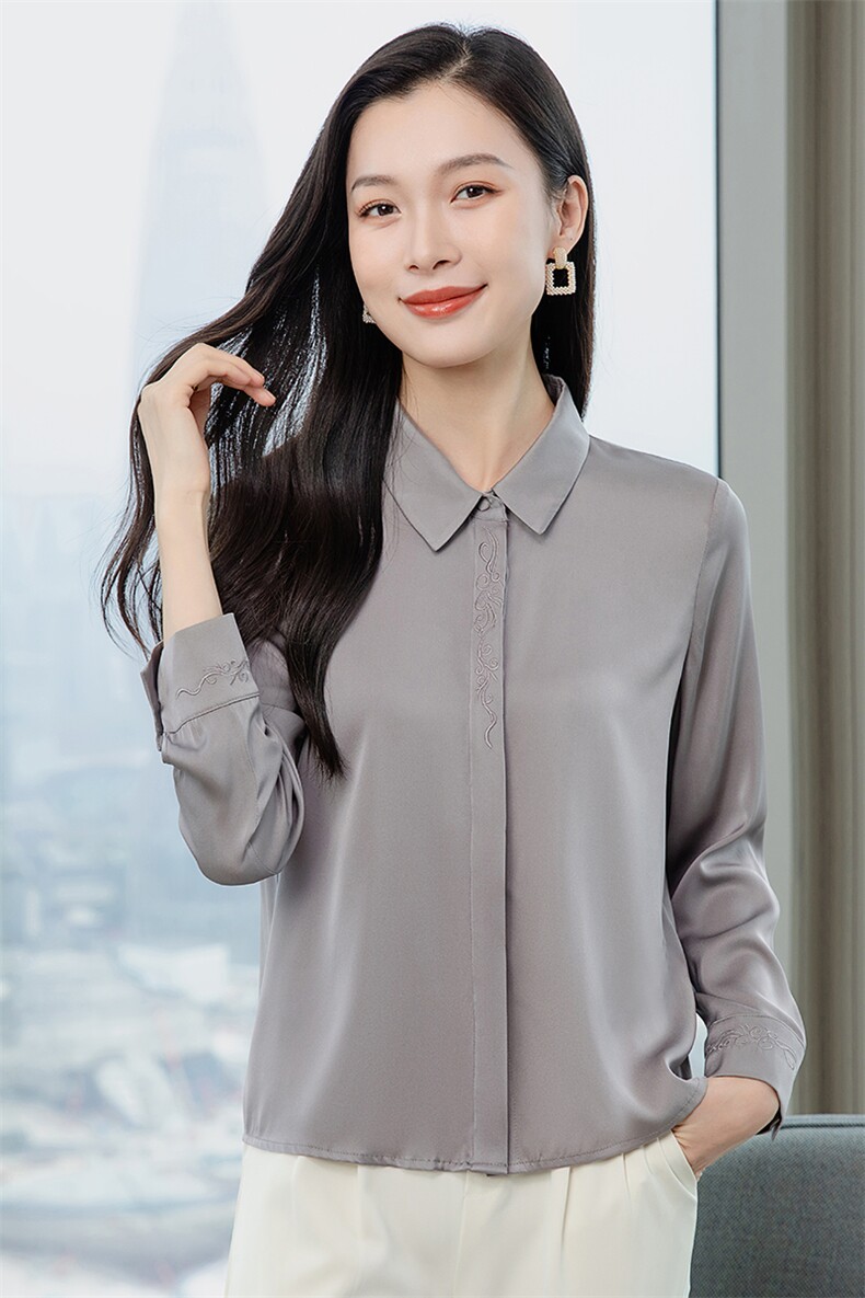 纯色绣花真丝衬衫女长袖宽松2026春季妈妈纯色衬衣显瘦真丝上衣,女装衬衫,阿舍尔精品