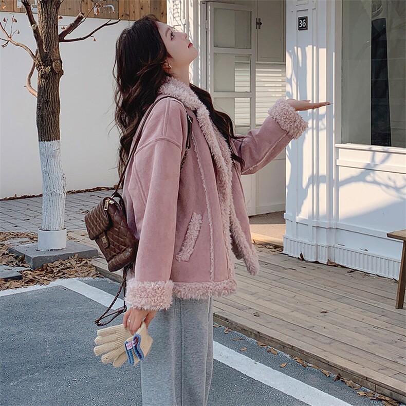 雪景甜美粉色皮毛一体绒外套显瘦短款冬季保暖上衣，女装短外套，天使之佳话