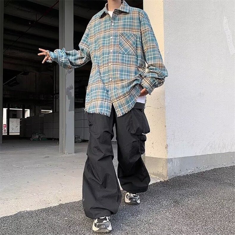 格子衬衫男长袖秋季宽松高级感格纹毛边衬衣外套1001-1-CS69-P45图片