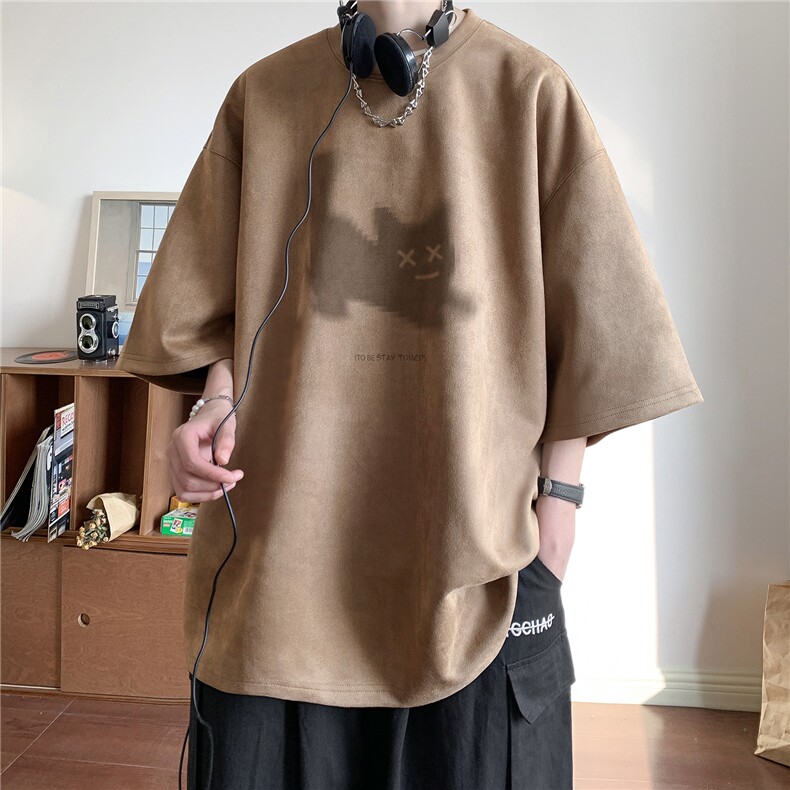 小猫印花麂皮绒短袖t恤男款夏季2025新款美式潮牌情侣重磅体恤衫,男装T恤,电商C413