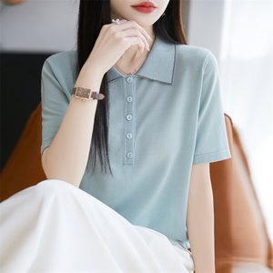 高级感莱赛尔针织polo翻领T恤女2025夏轻薄透气减龄短袖镶钻t恤衫图片