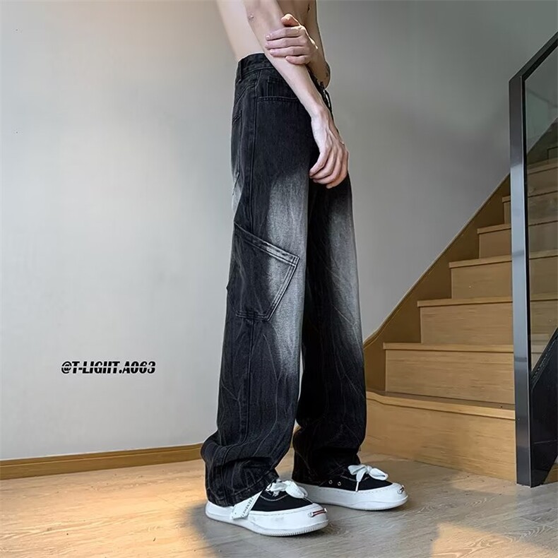 现货秋季美式insi高街hiphop重工艺水洗直筒工装牛仔裤2024港风,男装牛仔裤,星座218-1（原230）