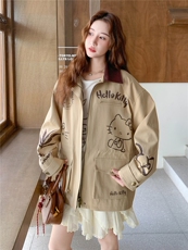卡其色童趣涂鸦印花翻领撞色风衣外套女2025秋季韩系宽松休闲风，女装风衣，浙宝101