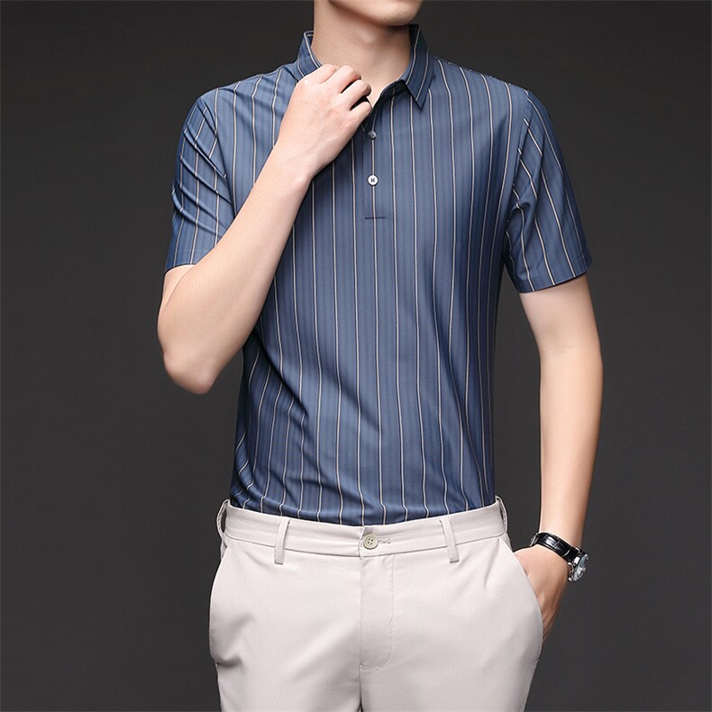 2023夏季衬衫男士短袖商务正装修身职业工装中年条纹半袖衬衣上衣,男装衬衫,电商B212（原钱塘6029）