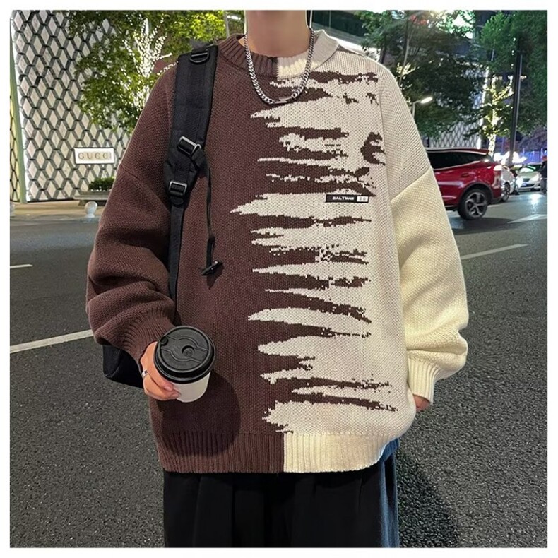 毛衣男秋冬拼接撞色针织衫日系复古宽松慵懒休闲外套MY7022-P45,男装针织衫/毛衣,星座308B-1