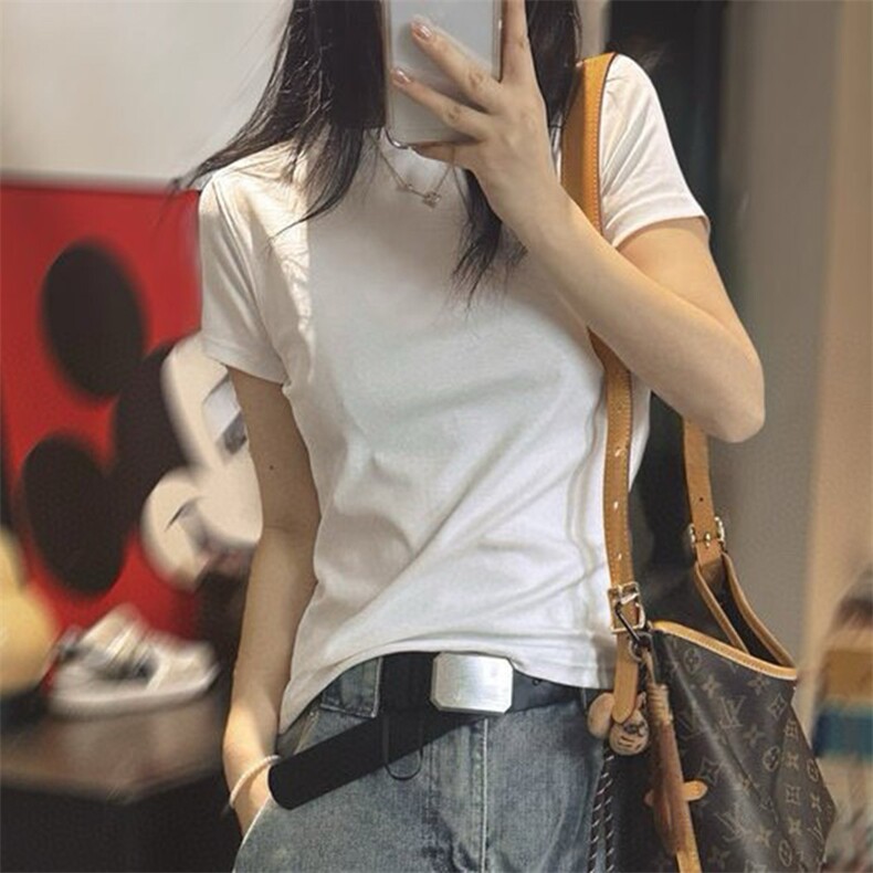 女士夏季时尚百搭修身显瘦圆领纯色短袖,女装T恤,邦太羊绒
