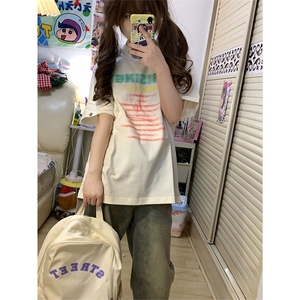 抖音得物 210克现货宽松纯棉美式潮牌印花落肩袖纯棉T恤AT21141图片
