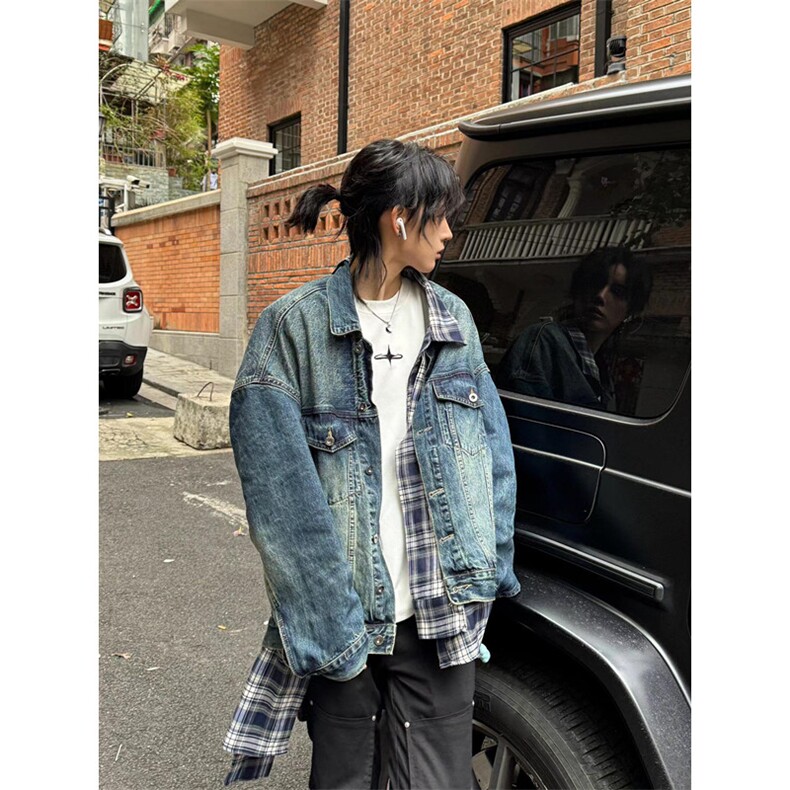 复古格子不规则拼接假两件牛仔外套男春秋季宽松夹克JB19,男装针织衫/毛衣,星座1116A（原606A-3）
