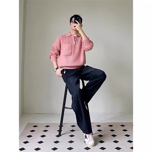 现货 MY57-P80 粉色宽松百搭口袋polo领长袖毛衣针织衫男女图片