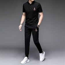 轻奢品牌男装短袖T恤套装欧货刺绣polo衫长裤运动休闲翻领，男装休闲套装，电商B212（原钱塘6029）