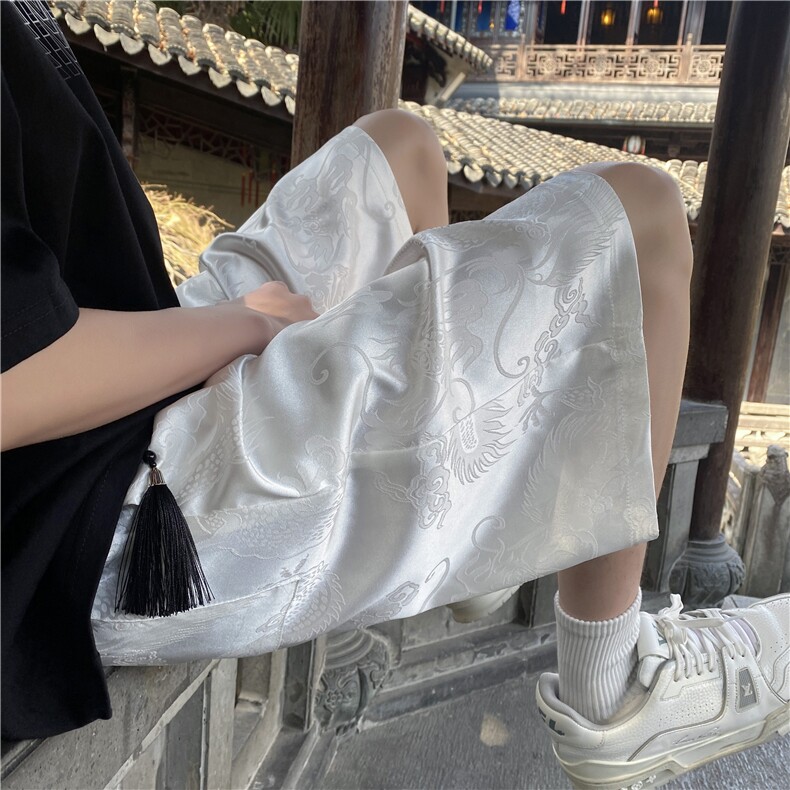 抖音品质夏季新款缎面新中式风宽松短裤B315-K24066-特p30控58,男装休闲裤,电商B315