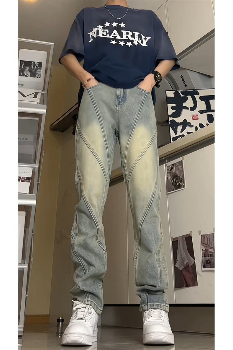 美式高街小众分割设计直筒做旧微喇牛仔裤A440P55控78,男装牛仔裤,电商A309