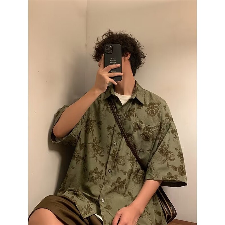 新款复古碎花短袖衬衫男女设计感小众港味百搭领带衬衣夏季外套,男装衬衫,星座601-2