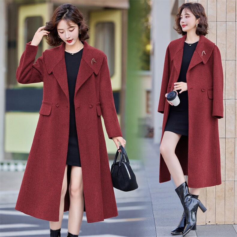 24秋冬新款中长款女时尚气质通勤简约带胸针专柜双面羊绒大衣外套，女装双面呢大衣，小荷流