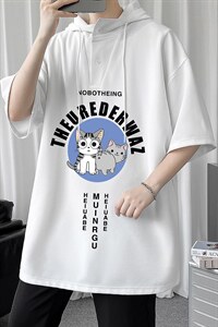 LD54160-P45 连帽短袖t恤男大码胖子带帽五分袖中袖图片